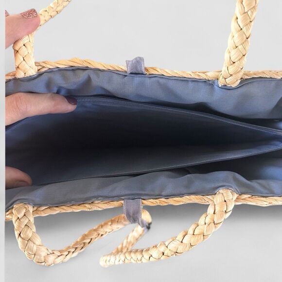 Floral Raffia Straw Shoulder Tote Bag Lined Tropical Beachy Basket Boho Cottage - Picture 3 of 7